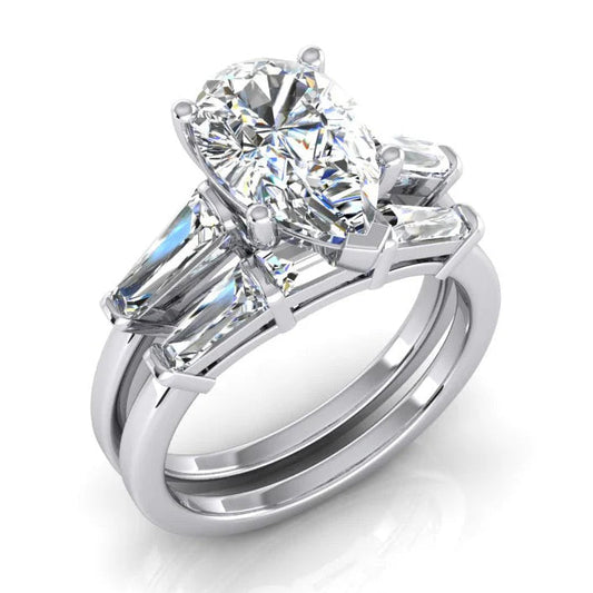 Echte Birnenförmiges Ehering-Set 2,85 Karat Mit Baguettes