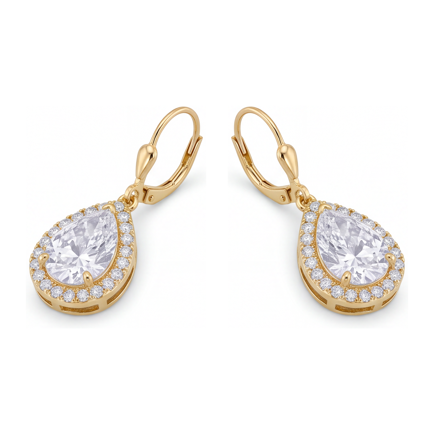 Ohrhänger mit weissen Diamanten, 3,5 Karat, im Labor gezüchtet, Tropfenschliff, Halo, Klappbrisur, 14 Karat Gelbgold