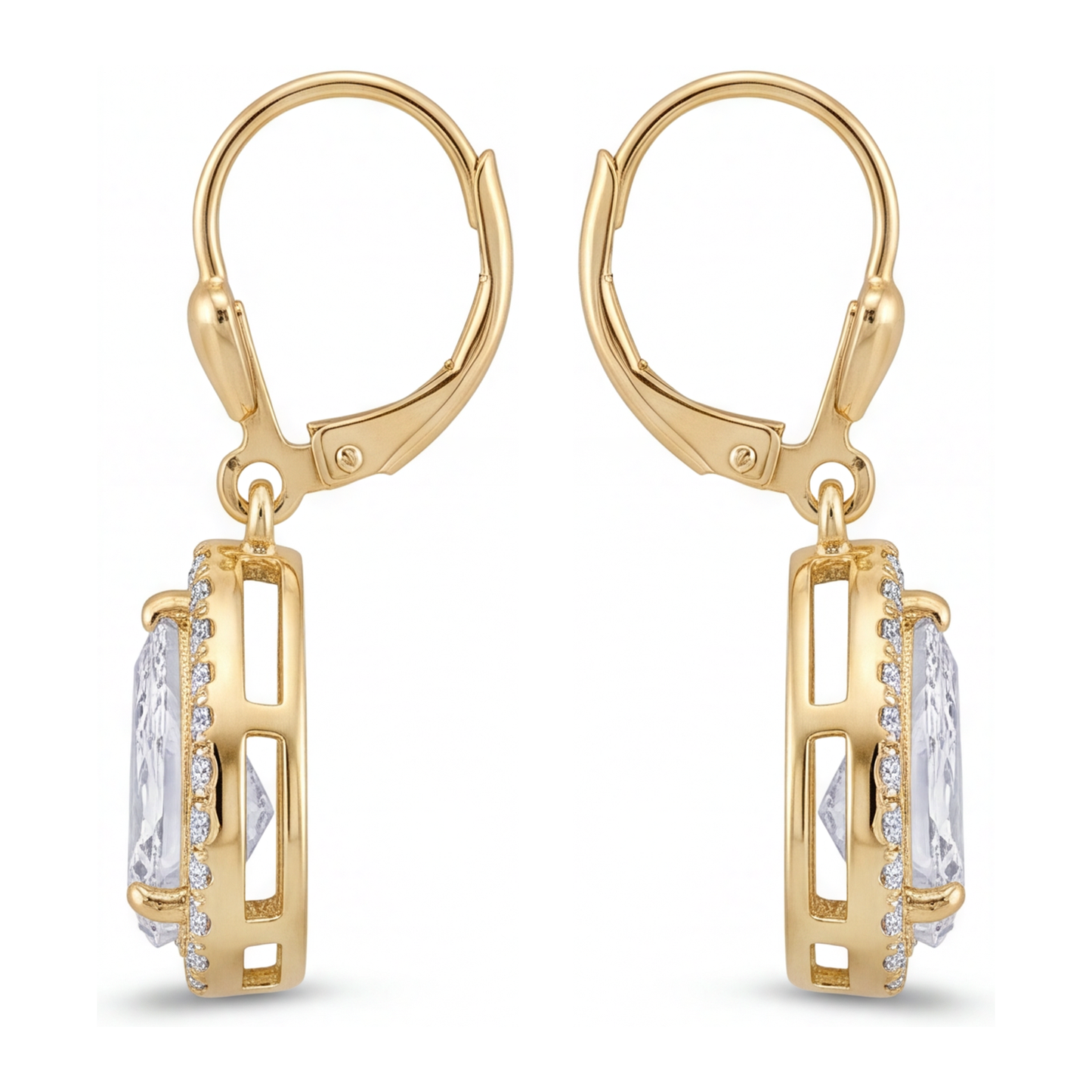 Ohrhänger mit weissen Diamanten, 3,5 Karat, im Labor gezüchtet, Tropfenschliff, Halo, Klappbrisur, 14 Karat Gelbgold