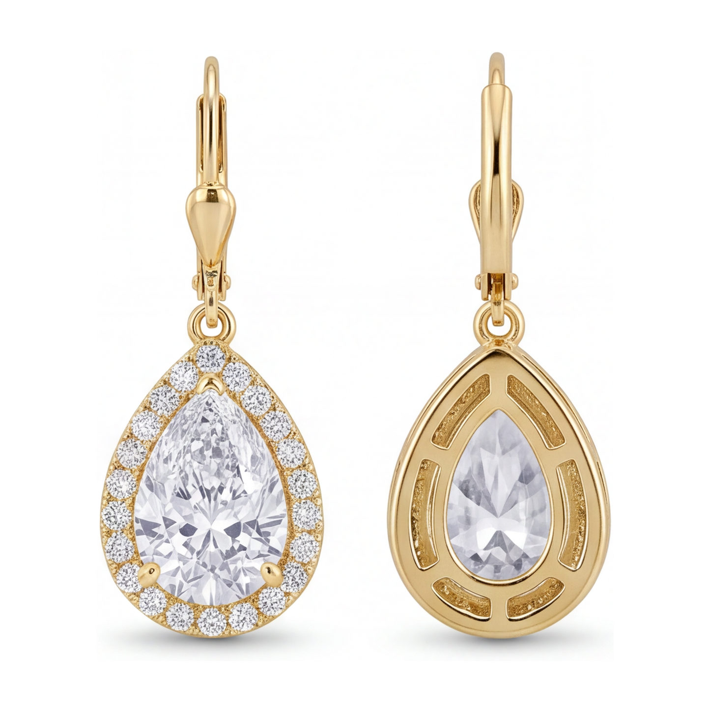 Ohrhänger mit weissen Diamanten, 3,5 Karat, im Labor gezüchtet, Tropfenschliff, Halo, Klappbrisur, 14 Karat Gelbgold