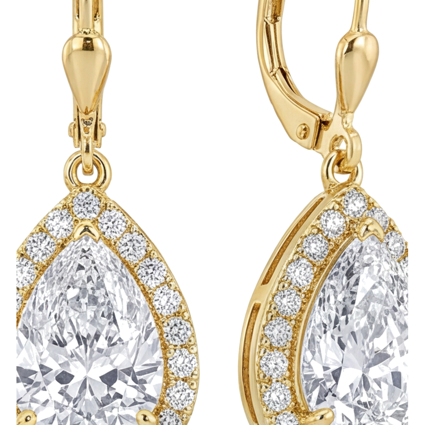 Ohrhänger mit weissen Diamanten, 3,5 Karat, im Labor gezüchtet, Tropfenschliff, Halo, Klappbrisur, 14 Karat Gelbgold