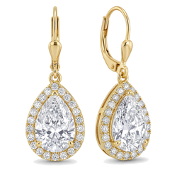Ohrhänger mit weissen Diamanten, 3,5 Karat, im Labor gezüchtet, Tropfenschliff, Halo, Klappbrisur, 14 Karat Gelbgold