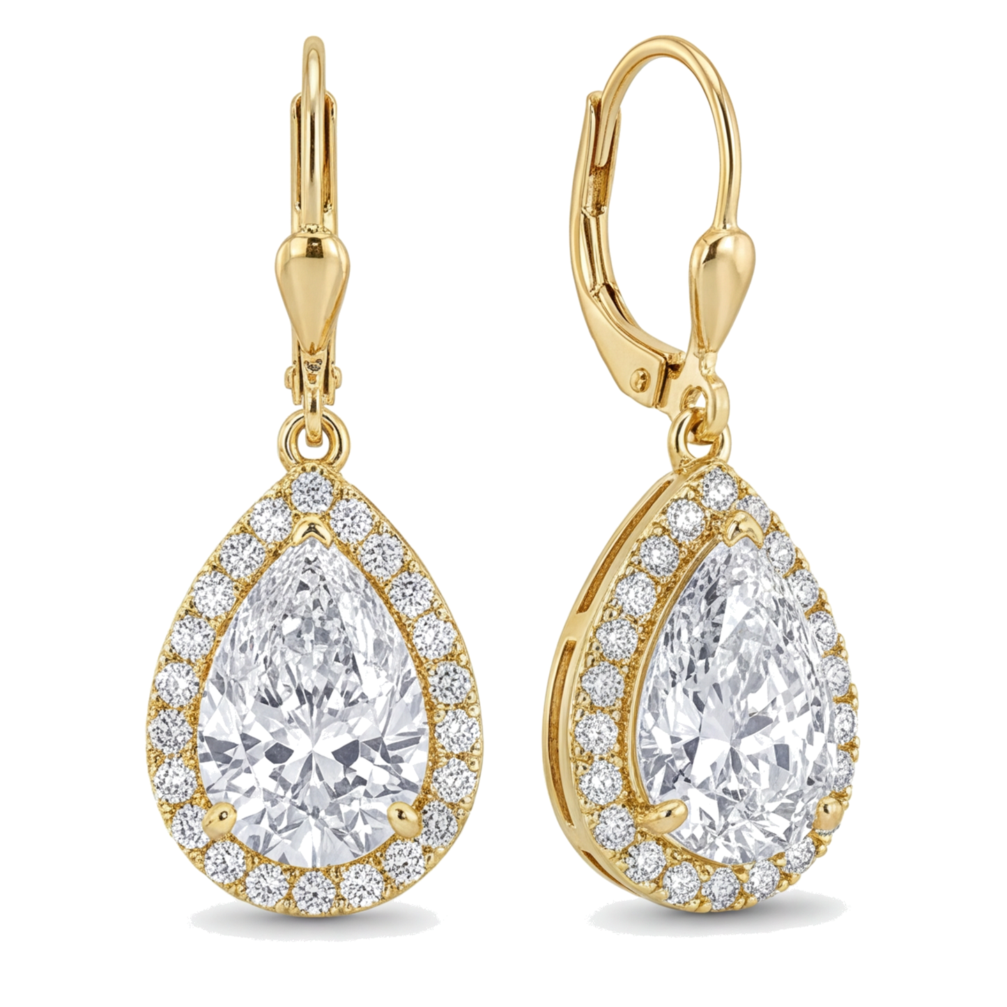 Ohrhänger mit weissen Diamanten, 3,5 Karat, im Labor gezüchtet, Tropfenschliff, Halo, Klappbrisur, 14 Karat Gelbgold