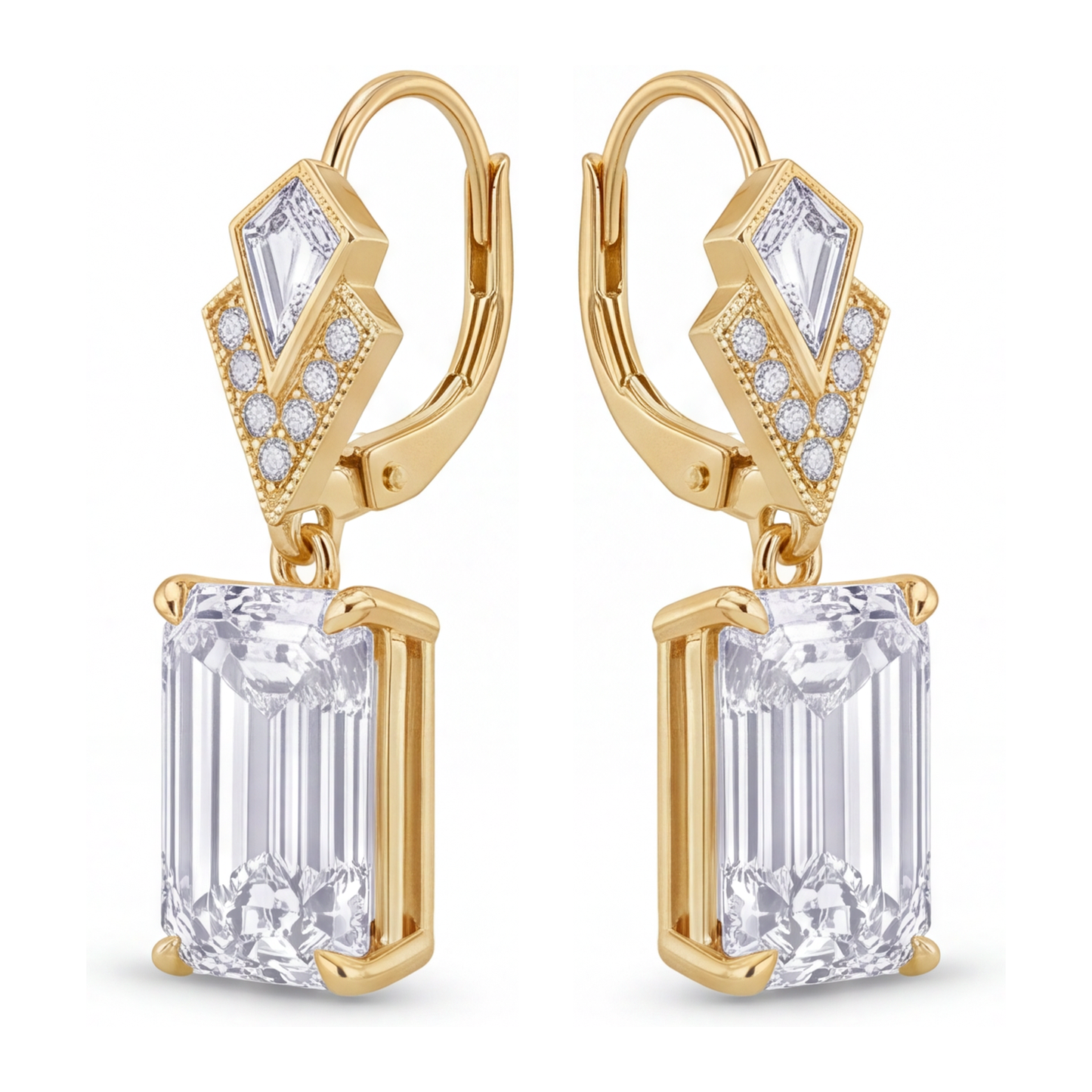 Tropfenohrringe mit weissen Diamanten, 4 Karat, im Labor gezüchtet, Smaragdschliff, Art Déco, 14 Karat Gelbgold