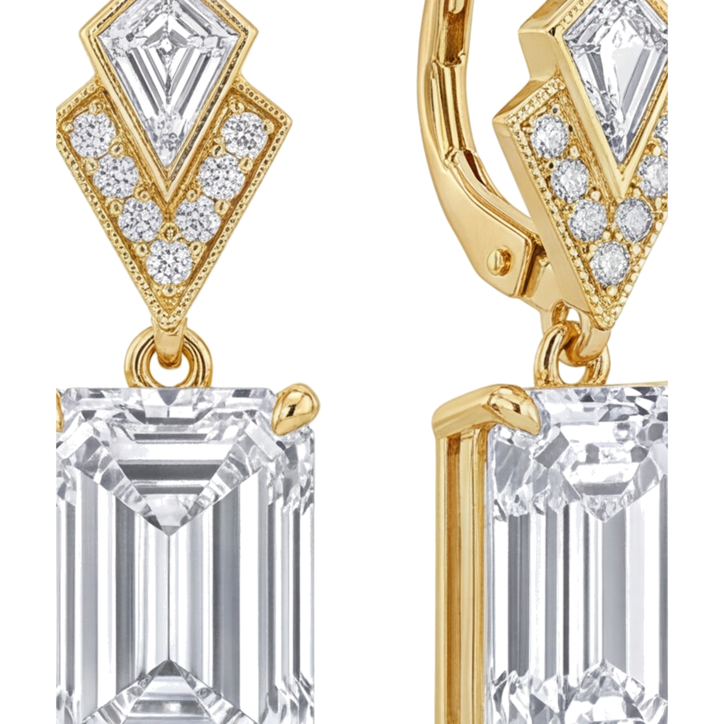 Tropfenohrringe mit weissen Diamanten, 4 Karat, im Labor gezüchtet, Smaragdschliff, Art Déco, 14 Karat Gelbgold