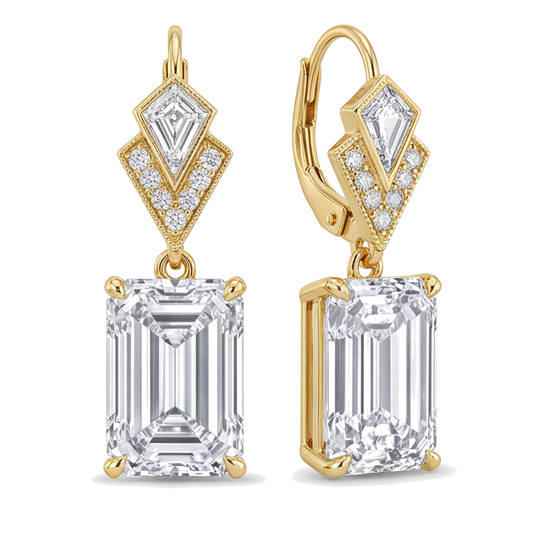 Tropfenohrringe mit weissen Diamanten, 4 Karat, im Labor gezüchtet, Smaragdschliff, Art Déco, 14 Karat Gelbgold