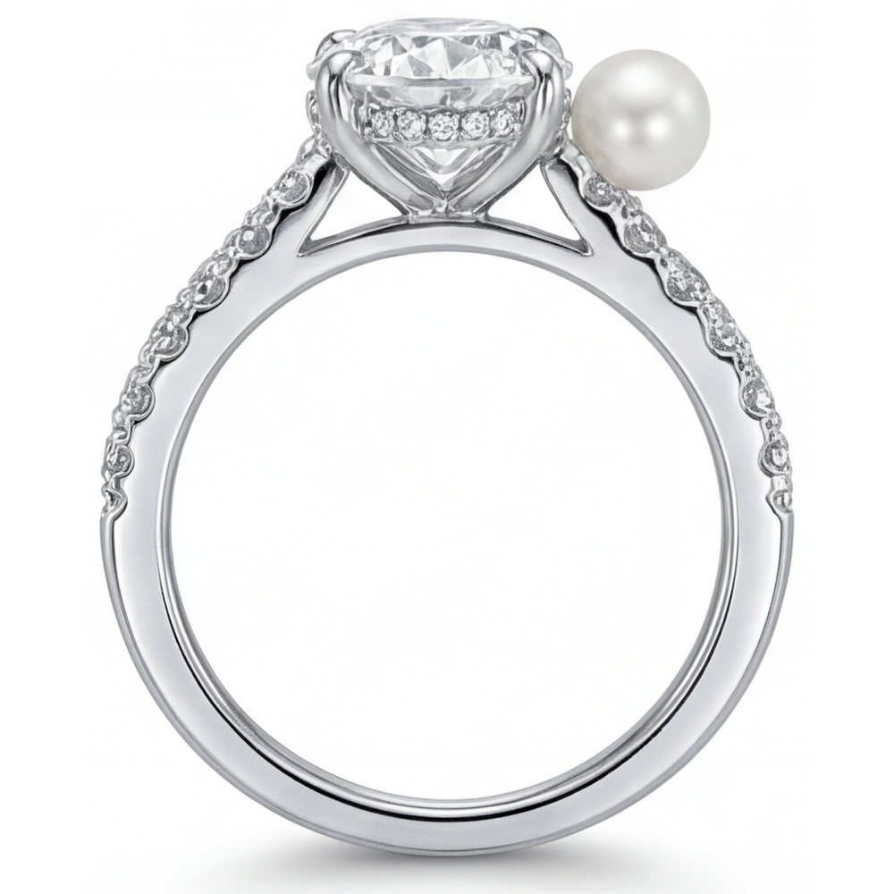 Authentischer Zuchtperle Solitär-Ring mit Akzenten 3 Karat 14K Weißgold – Schrägansicht
