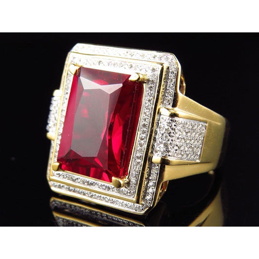 13 Karat Großer Smaragd Schliff Roter Aaa Herren Rubin Ring Mit Diamant Gelb Gold 14K - harrychadent.ch