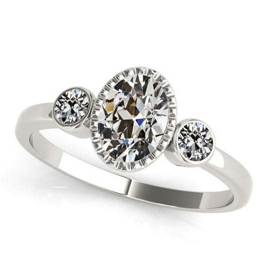 14K Gold 3 Steine Ring Oval Old Mine Cut Echt Diamant Lünette Set 4,50 Karat