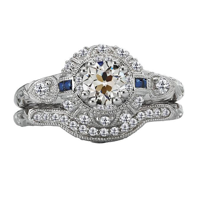 Altschliff Echt Diamant & Saphire Verlobungsring Set Vintage-Stil 4 Karat