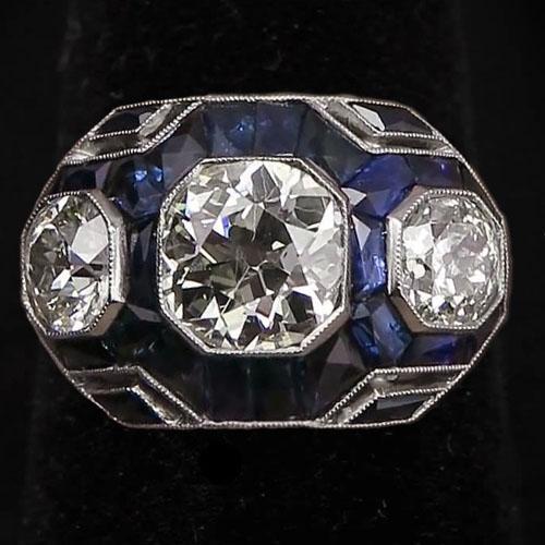 Altschliff Echt Diamantring mit 3 Steinen und blauem Saphir 6 Karat
