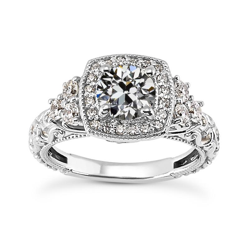 Antiker Halo-Ring Mit Rundem Altschliff-Echt Diamant, 4 Karat Weißgold