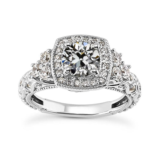 Antiker Halo-Ring Mit Rundem Altschliff-Echt Diamant, 4 Karat Weißgold
