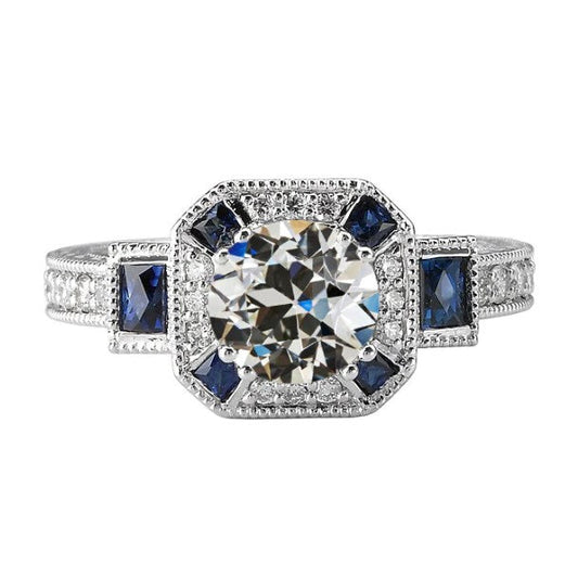 Art-Deco-Schmuck New Halo Old Miner Echt Diamant-Trapez-Saphir-Ring