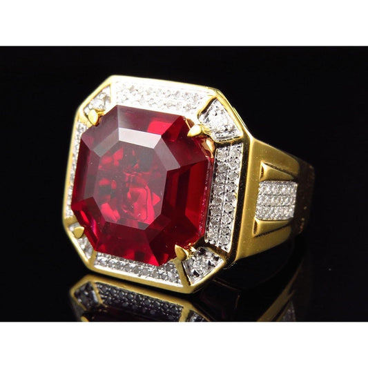 Asscher Roter Herren Rubin Ring Mit Diamant 11 Karat Gelb Gold 14K - harrychadent.ch