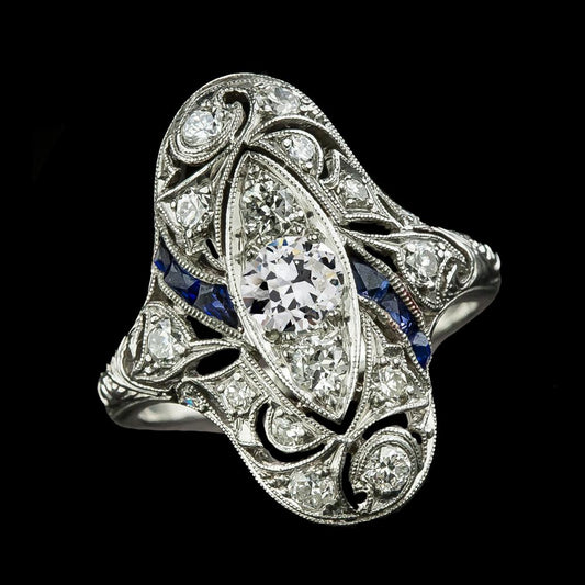 Baguette-Saphir-Ring Im Antiken Stil Mit Rundem Echt Diamanten Im Altschliff, 3 Karat