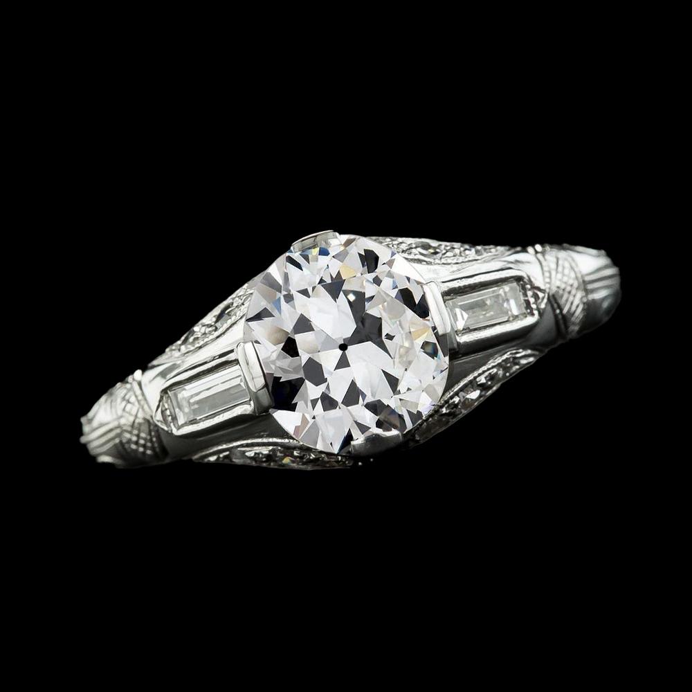 Baguette Drei-Steine-Ring Runder Echt Diamant Alteuropäischer 2.75 Karat