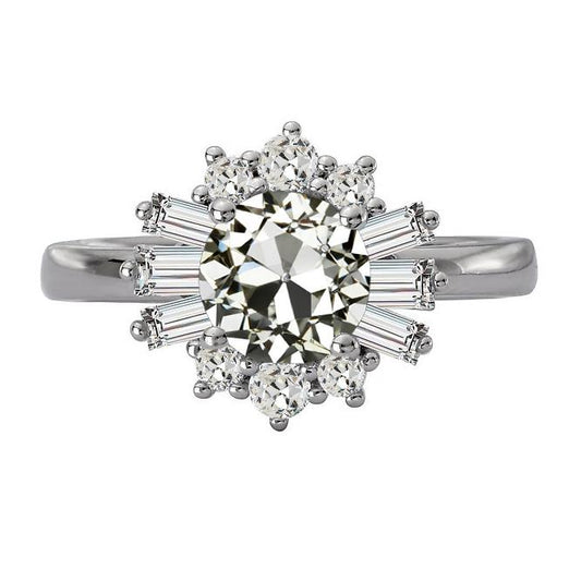 Baguette & Runder Halo-Ring Mit Echt Diamanten Im Alten Minenschliff, 6 Karat Gold