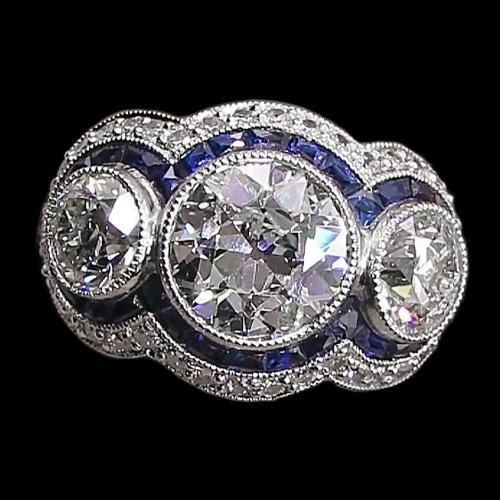 Blauer Saphir Altschliff Echt Diamantring 3 Steine Stil 6 Karat