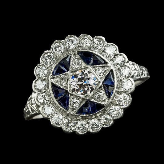 Blauer Saphir Old Cut Runder Echt Diamantring Flower Star Style 3 Karat