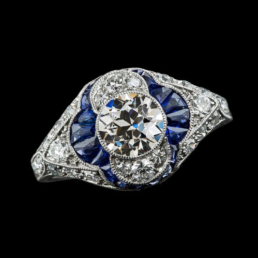 Blauer Saphir Runder Alter Minenschliff Echt Diamantring 5 Karat Gold 14K