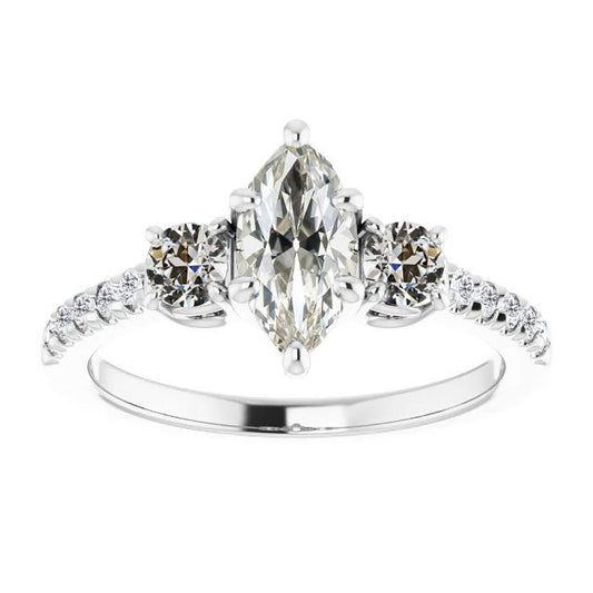 Damenring Rund & Marquise Old Cut Echt Diamant 3 Stone Style 5 Karat