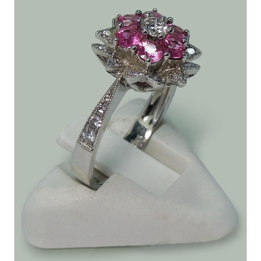 Diamanten & rosa Saphire 1.15 ct. Ring im Blumenstil Weißgold 14K