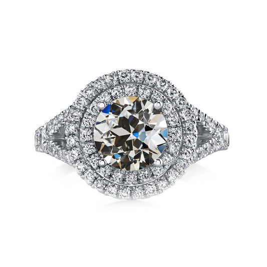 Doppelter Halo-Ring, Rund, Alter Bergmann, Naturlich Diamant, Geteilter Schaft, 7 Karat - harrychadent.ch