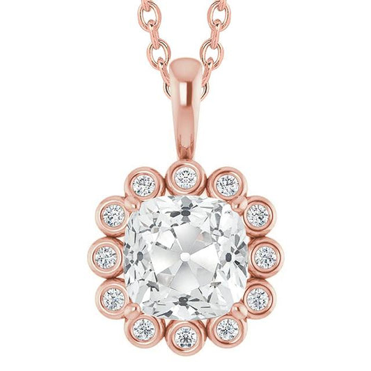 Echt Diamant Anhänger Lünette Rund & Kissen Old Mine Cut 7,50 Karat
