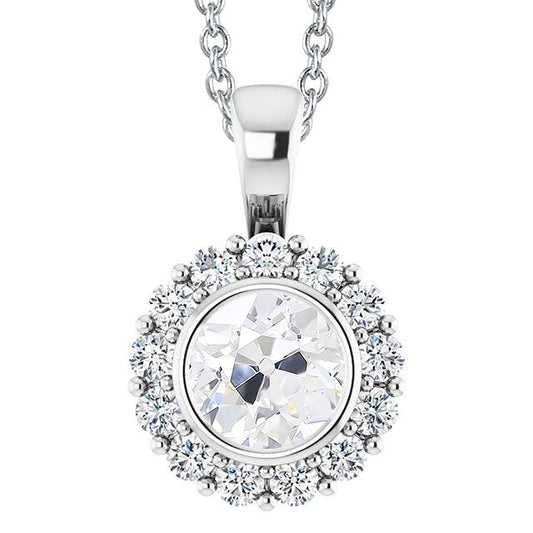 Gold 14K Halo Echt Diamant Anhänger Lünette Set Rund Alter Bergmann 4,50 Karat