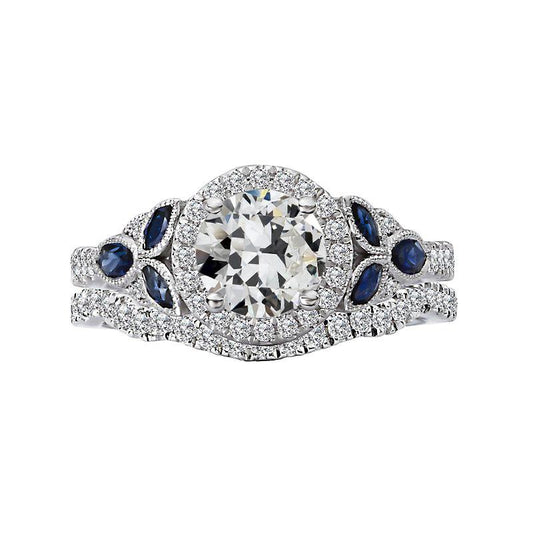 Halo Ehering Set Altschliff Echt Diamant & Marquise Saphire 6 Karat