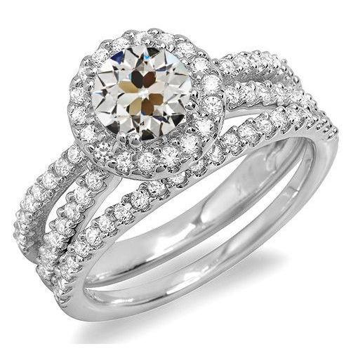 Halo Ehering Set Runder Altschliff Echt Diamant Weißgold 6.50 Karat - harrychadent.ch