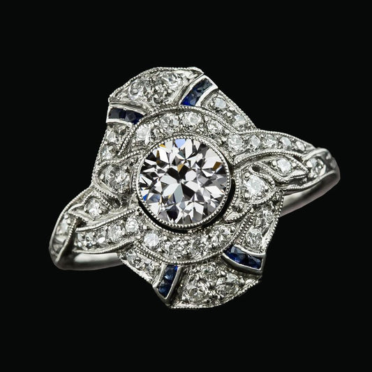 Halo Jubiläumsring Altschliff Runder Echt Diamant Blauer Saphir 3.75 Karat
