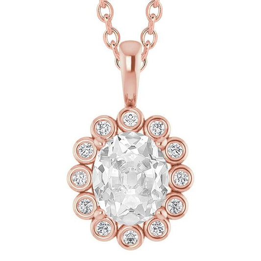 Halo Natürlich Diamant Anhänger Oval Old Mine Cut Lünette Set 6,50 Ct Blumenstil
