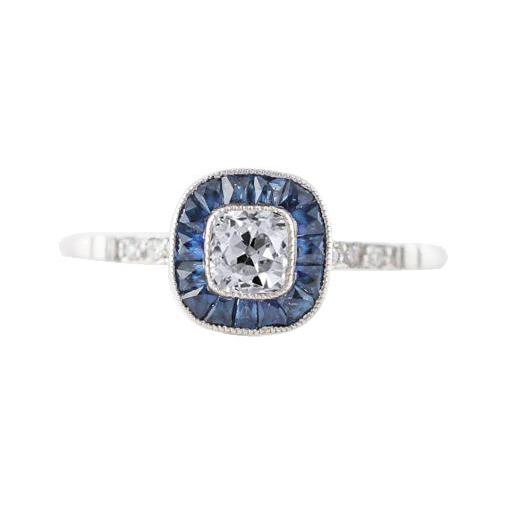 Halo Old Cut Kissen Echt Diamant & Trapezoid Saphir Ring 2,75 Karat