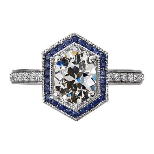 Halo Oval Alter Bergmann Natürlich Diamant & Runder Blauer Saphir Ring 7 Karat