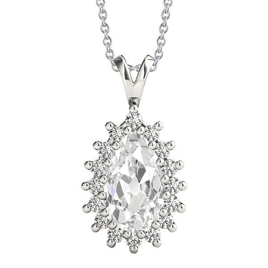 Halo Pear Alter Bergmann Echt Diamant Anhänger 3,50 Karat Sunburst Style Gold