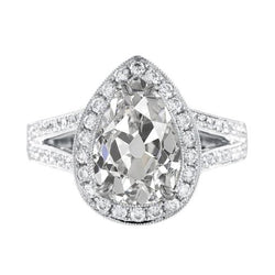 Halo Pear Old Mine Cut Natürliche Diamantring 4,75 Karat Split Milgrain Shank