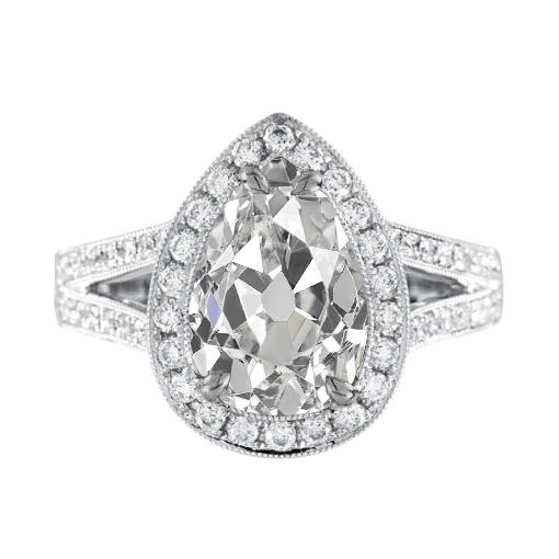 Halo Pear Old Mine Cut Natürliche Diamantring 4,75 Karat Split Milgrain Shank