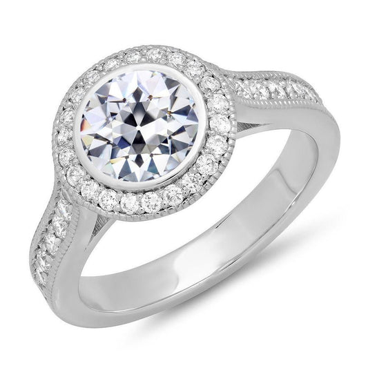 Halo Ring Runder Alter Minenschliff Echt Diamant Lünette Set Milgrain 5,50 Karat