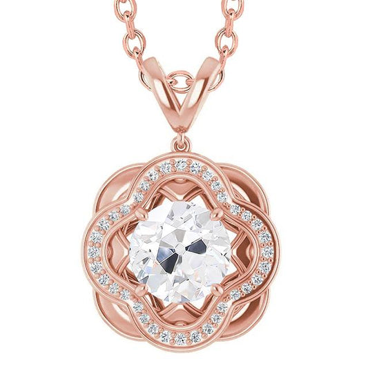 Halo Runden Alter Bergmann Echt Diamant Anhänger 3 Karat Mit Kette Roségold 14K