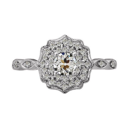 Halo Runder Alter Bergmann Echt Diamantring Blumenstil 14K Gold 3 Karat