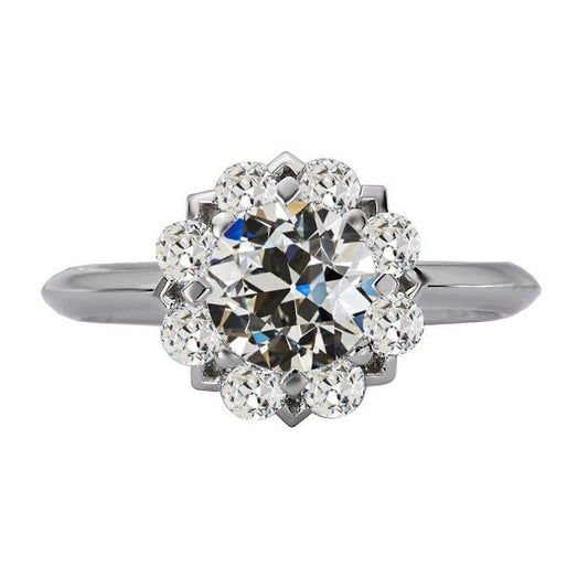 Halo Runder Alter Minenschliff Echt Diamantring Blumenstil 14K Gold 6 Karat