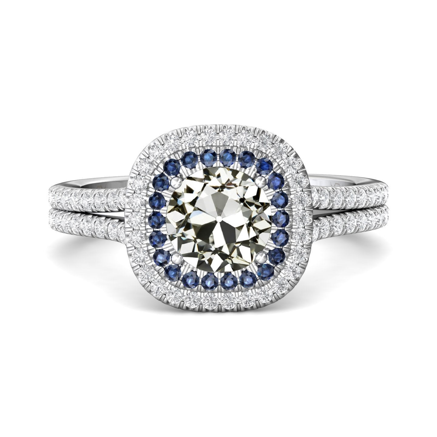 Halo Runder Altschliff Echt Diamant & Ceylon Saphir Ehering 6 Karat - harrychadent.ch