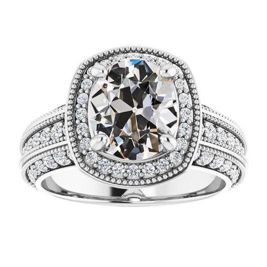 Halo Runder & Ovaler Altschliff Echt Diamantring Gold Milgrain 7,25 Karat