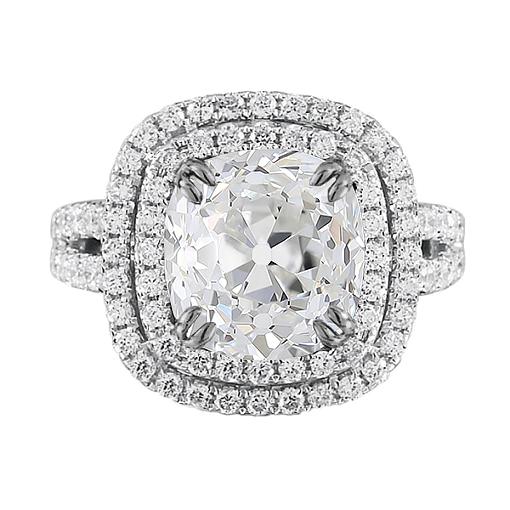 Kissen Double Halo Ring Alter Bergmann Natürliche Diamants 6,75 Karat Split Shank