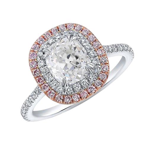 Kissen Old Mine Cut Natürliche Diamant Doppel Halo Pink Saphir Ring 6 Karat