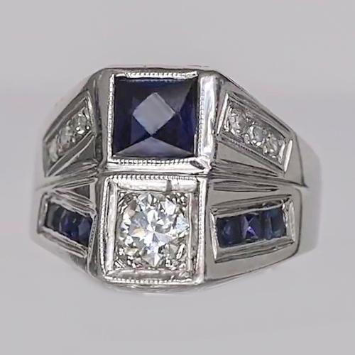 Natürlich Runder Diamantring im alten Minenschliff & Prinzessinnenblauer Saphir 3,75 Karat - harrychadent.ch