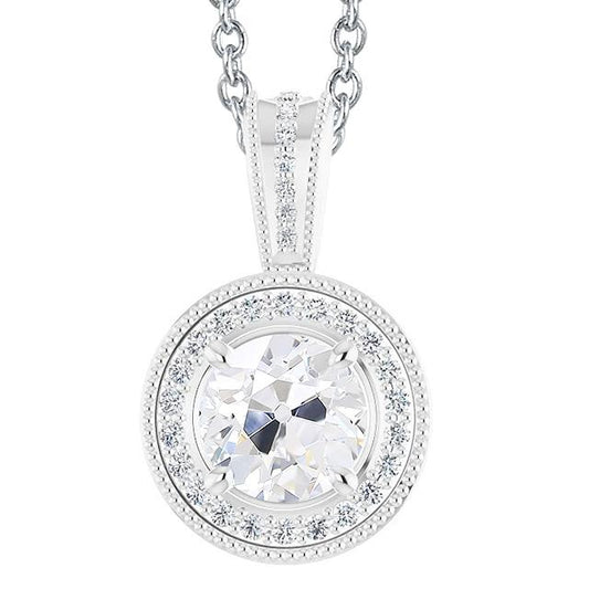 Old Mine Cut Halo Runder Natürliche Diamant Anhänger 4 Karat Gold Perlen Stil