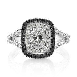 Ovaler Alter Bergmann & Runder Schwarzer Echt Diamant Halo-Ring Mit Geteiltem Schaft 7 Karat
